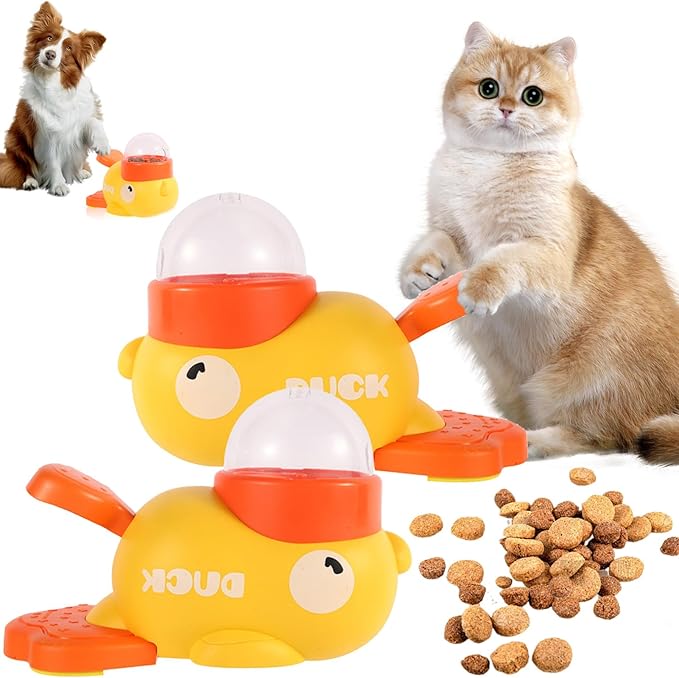 Duck Cat Treat Dispenser - Cat Treat Dispenser Toy Interactive with Button & Clear Treat Window, Food Puzzle Slow Feeder Toys Forcats and Small Medium Dogs, IQ Training and Boredom Relief (2Set)