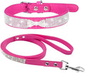 Cute Dazzling Sparkling Elegant Fancy Soft Suede Leather Bling Rhinestone Crystal Jeweled Pet Cat Dog Puppy Collar Dog Leash Combo Set (L(Neck 15-18"), Hot Pink-3)