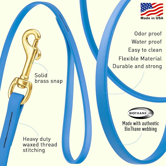 Viper Biothane K9 Working Dog Leash Waterproof Lead for Tracking Training Schutzhund Odor-Proof Long Line with Solid Brass Snap for Puppy Medium and Large Dogs, 10ft Cerulean Blue