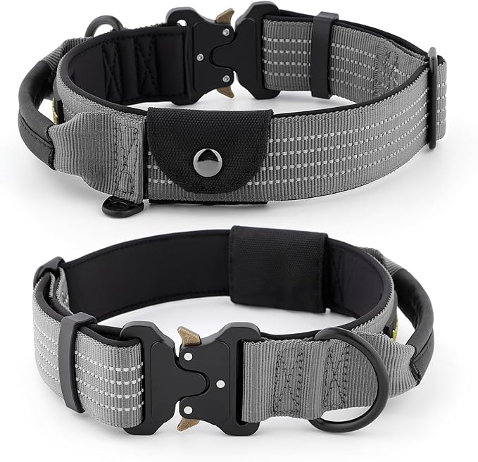 Plutus Pet Tactical Dog Collar with Tracker Pocket for AirTag, Adjustable Reflective Nylon Collar, Metal Buckle, Leather-Wrapped Handle, Soft Padded for Medium Large Dogs (Gray, L)