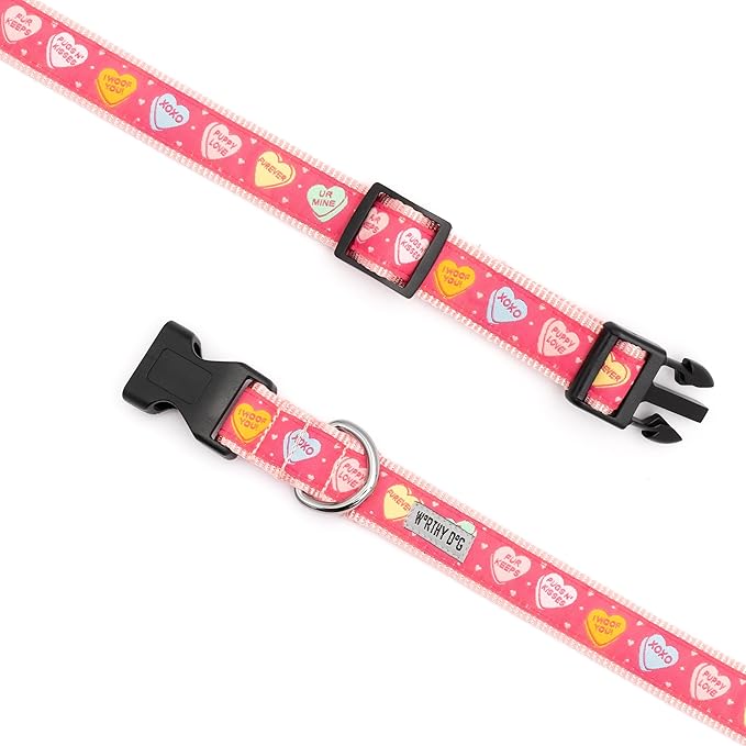 THE WORTHY DOG Adjustable Holiday Dog Collar for Medium Dogs, Durable Nylon Webbing, Quick Release Buckle, Puppy Love Conversation Hearts Valentine's Day Pattern, Pink, Medium