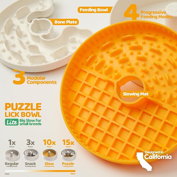 Puzzle Feeder Slow Feeder Dog Bowl, Rich Texture Lick Mat, Enrichment Puppy Feeder for Small Dogs, 4 Modes, 3 Detachable Parts, Adjustable Feeding Speeds