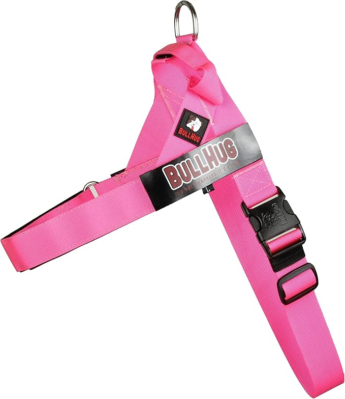 BULLHUG Adjustable Dog Harness– No Pull, No Choke – for English Bulldogs, French Bulldogs, Pugs & Broad-Chested Breeds – Easy, Safe Walks (NEON Pink, XL)