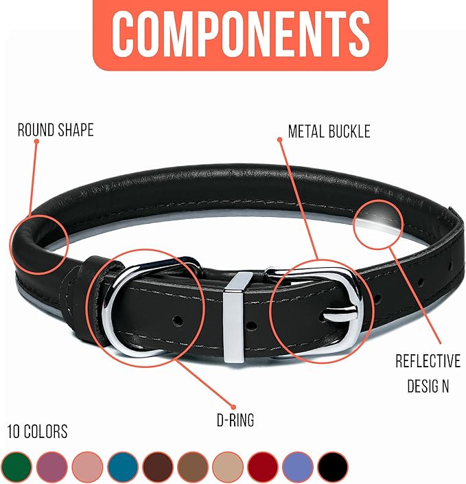 OOPSDOGGY Rolled Leather Dog Collar Reflective Roll Collars for Small Medium Large Dogs Puppy (Black, XXL, 20'' - 24'')