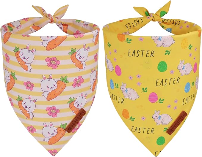 ADOGGYGO Easter Dog Bandana 2 Pack, Bunny Carrot Print Pet Scarf, Adjustable Fit Easter Bandanas for Medium Large Dogs (Large)