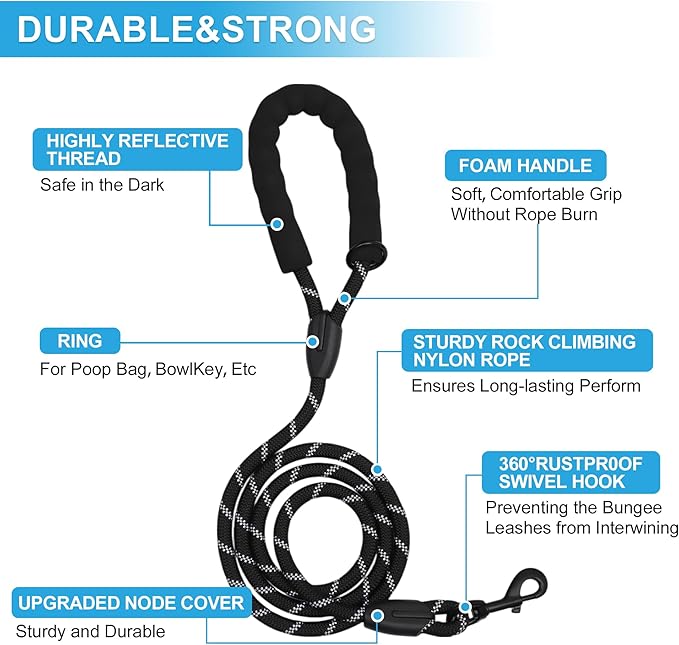 Double Dog Leash, Hands-Free Dual with Comfortable Padded Handle, Double for Two Dogs, Adjustable Length, Black, 1 Set
