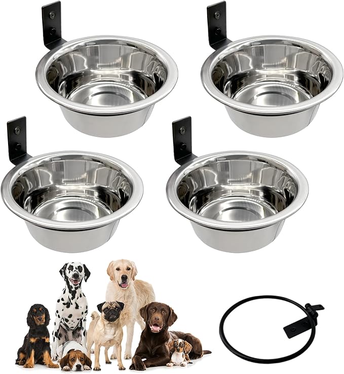Hamiledyi 4 Pack Wall Mounted Elevated Dog Bowls - Adjustable Height Stainless Steel Raised Food & Water Bowls with Collapsible Stand for Medium & Large Dogs & Cats (M)