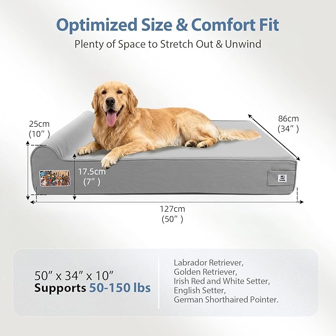 Sytopia 7" Thick Orthopedic Dog Beds for Extra Large Dogs, Canvas Dog Bed with Chew Proof Fabric Cover, Ups to 150 Pounds, 35D Memory Foam Dog Beds with Waterproof Liner & Washable Cover, Light Grey