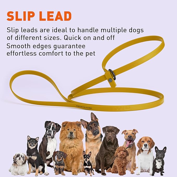 Dogline Biothane Slip Dog Leash - for Small, Medium and Large Dogs - Odor Free Slip Lead, Heavy Duty and Durable Material Kennel Lead - Treasure Gold - 7ft L x 1/2in W