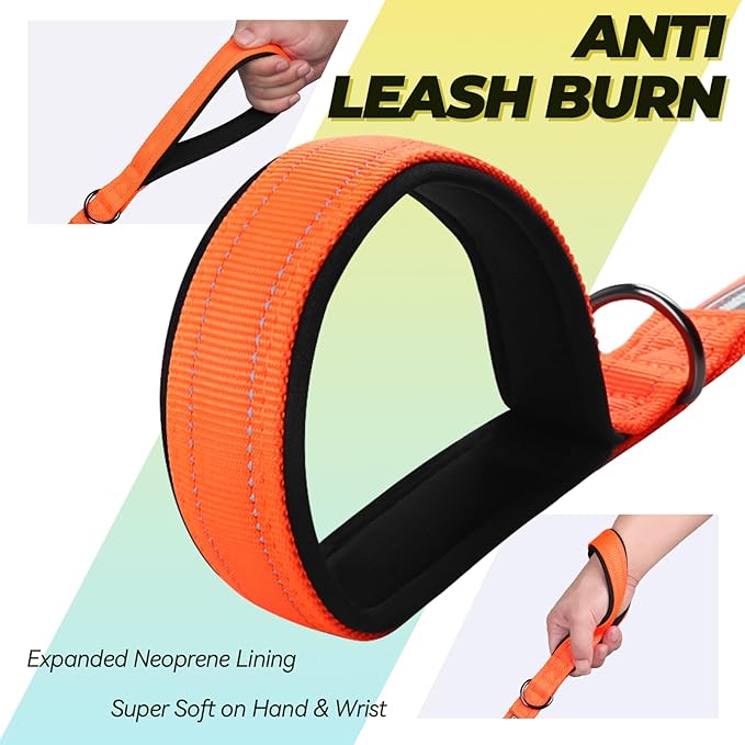 VIVAGLORY Twingrip Dog Leash, Double Handle Dog Leash for Training & Walking with Traffic Handle & 2 Loop, Traffic Control Reflective Heavy Duty for Puppy Pet, 5ft x 1in, Orange