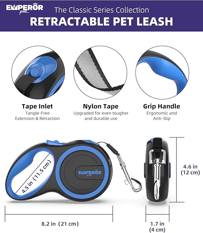 Emperor Pets 16 Feet Retractable Dog Leash Small Dogs - Up to 44lbs, Heavy Duty Leash Retractable 16 ft, Dog Leashes for Small Breed Dogs -BL16S