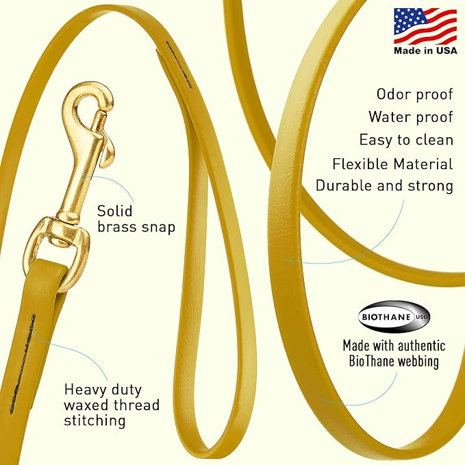 Viper Biothane K9 Working Dog Leash Waterproof Lead for Tracking Training Schutzhund Odor-Proof Long Line with Solid Brass Snap for Puppy Medium and Large Dogs, 10ft Treasure Gold