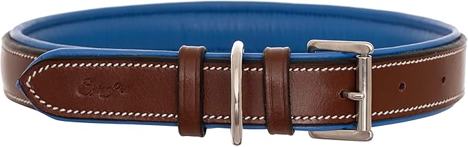 Exion Geniun Leather Dog Collar Designer Stitched Soft Leather Padded- Suitable for Small Medium Large X-Large Dogs for Walking Running- Oak Brown with Blue Padding