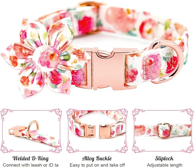 Tunkoo Dog Collar Elegant Floral Bow Tie Unique Style Super Soft Comfy Adjustable Cotton Collar with Premium Metal Buckle, for Puppy and Cat Small Medium Large Pet Supplies（Gouache，Flower, S）