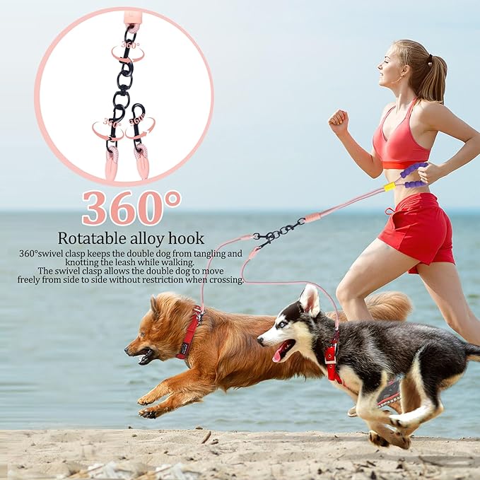 Double Dog Leash No Tangle, Adjustable Split Leads Dual Pet Walking Leash with Comfortable Padded Handle for Two Dogs, Hands - Free Dual Leashes for Small/Medium Pets (Pink, Double Leashes)