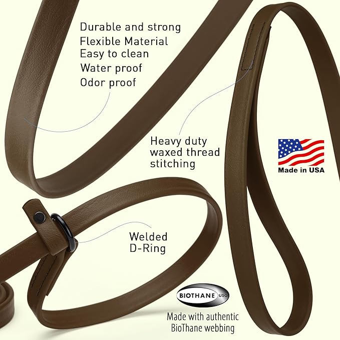 Dogline Biothane Slip Dog Leash - for Small, Medium and Large Dogs - Odor Free Slip Lead, Heavy Duty and Durable Material Kennel Lead - Dark Chocolate Brown - 7ft L x 5/8in W
