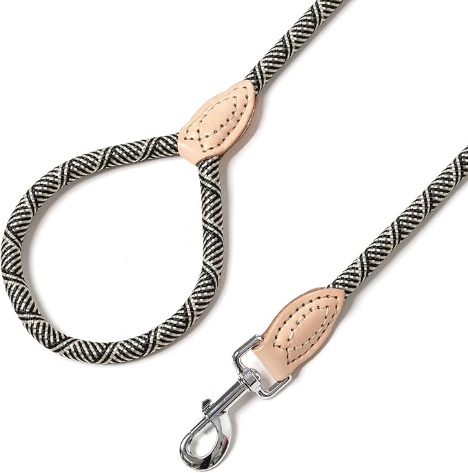 Mile High Life Rope Leash with Genuine Leather Connection, 6 FT/5 FT/4 FT, Heavy Duty Leash for Small Medium & Large Dogs(Black Beige,72 Inch)