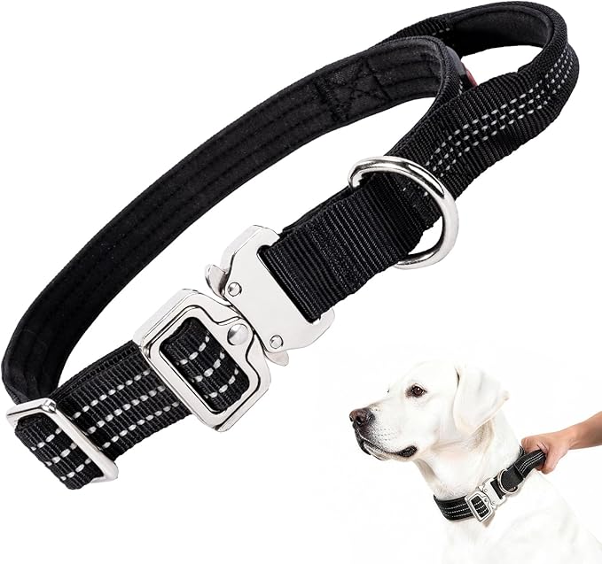 Tactical Dog Collar with Handle, Heavy Duty Nylon Collar With Quick-Release Metal Buckle, Reflective Design, Padded Comfortable Fit, Adjustable 15in-18in for Medium, Large Dogs(M, 1in, Black)