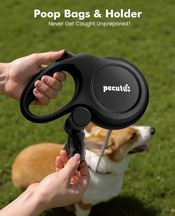 26ft Retractable Dog Leash, Heavy Duty Retractable Pet Leash with Poop Bag Holder, Anti-Slip Soft Grip, Reflective Dog Leashes for Medium Dogs Large Dogs 33lbs-110lbs(Black)