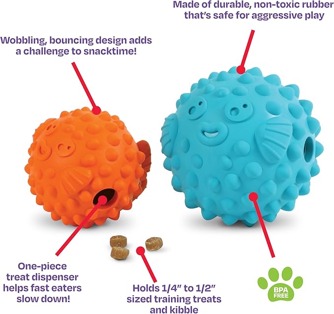 Brightkins Tough & Tumble Treat Dispenser Large Pufferfish - Interactive Dog Puzzle Toy for All Breeds, Enrichment Gifts for Puppies