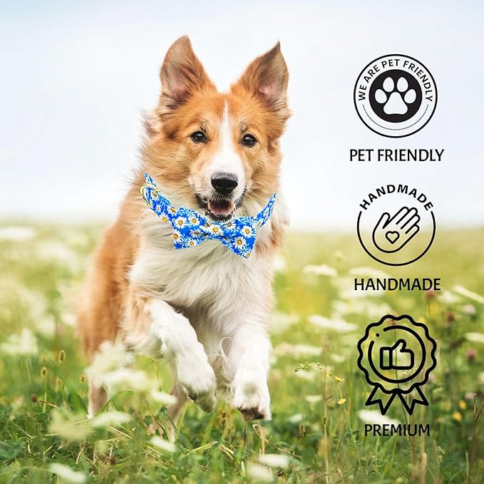 Tunkoo Blue Daisy Dog Collar with Cute Flower Bow Tie, Adjustable Premium Cotton Collar Durable Metal Buckle for Small Medium Large Boys Girls Dogs, S