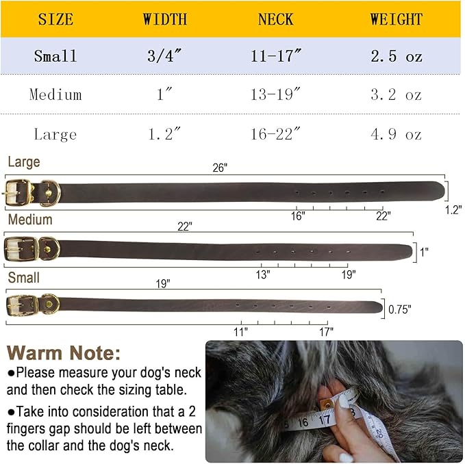 Leather Dog Collar Heavy Duty Hardware Dog Collars Full Grain Ultra Soft and Comfort Genuine Cowhide Metal Buckle Thick Belt Collar for Small Medium Large Pets (Small (11-17" Neck))