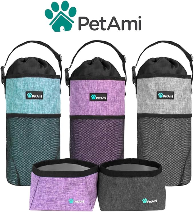 PetAmi Travel Dog Food Bag with 2 Collapsible Bowls Waterproof Dog Kibble Storage & Foldable Food Water Bowls for Dogs & Cats, Hiking & Camping (Sea Blue, Grey)