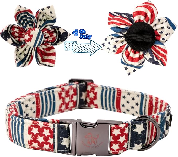 Elegant little tail US Flag Dog Collar, Cute Detachable Dog Collar with Flower, Gift Pet Collar Adjustable Dog Collar for Large Dogs