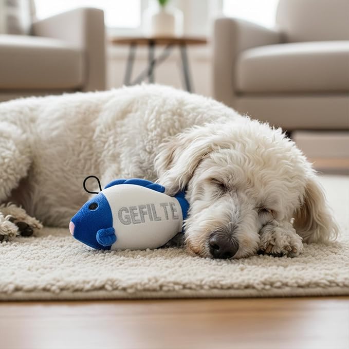 Vaulted Skulls & Co Gefilte Fish Dog Toy | Stuffed Squeaky Gefilte Fish Dog Toy | Jewish Themed Plush Dogs Toys | Realistic Animal Dogs Toys | Blue & White | Small/Medium Breed | 8"
