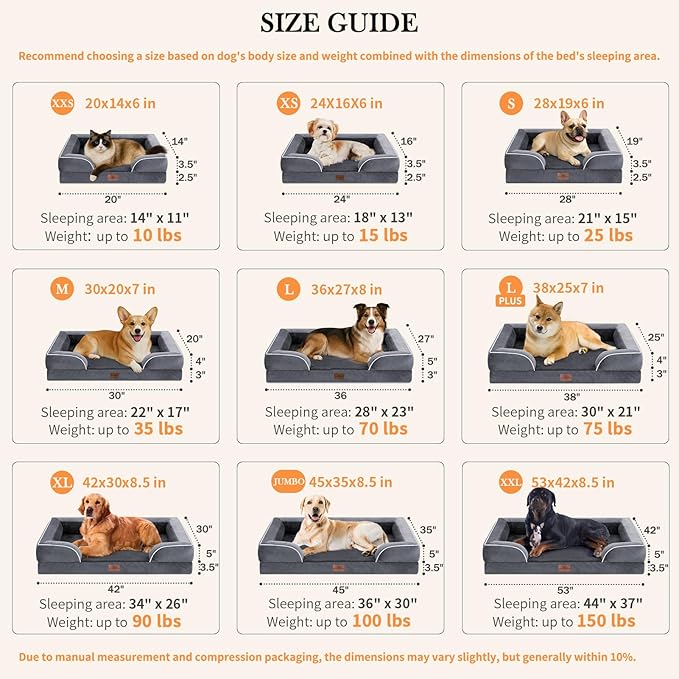 Comfort Expression Orthopedic Dog Bed for Extra Large Dogs 48x30 Inch, Waterproof Egg Crate Foam XXL Pet Bed with Removable Bolsters, Dog Couch with Washable Cover & Non-Slip Bottom, Dark Grey