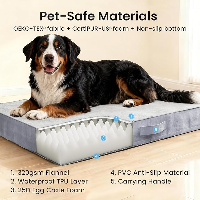 OhGeni Orthopedic Waterproof Dog Bed for Extra Large Dogs, Machine-Washable Removable Cover in Easy-Clean Fabric, High Density Foam & Easy-Carry Handle, Wider and Larger, 54 inch (Gray)