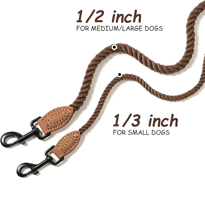 Mile High Life Dog Leash, Braided Cotton Rope Leashes with Leather Tip - Heavy Duty Metal Clasp, 6FT, 1/3" Thick - Wedding, Walking Leash for Small Medium Puppys(Dark Brown)