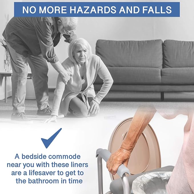 Commode Liners - 50 Strong Portable Toilet Bags - Easy to Use Bedside Commode Liners Disposable - Toilet Liners That Support Dignity of Seniors & Disabled - No More Buckets to Wash - NO Absorbent Pad