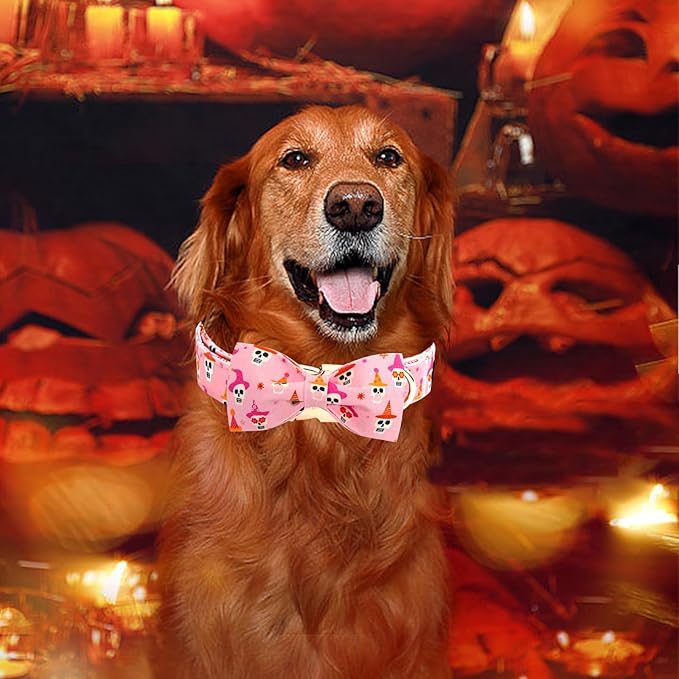 Elegant little tail Halloween Dog Collar, Skull Print Pet Collars with Bow Puppy Collar Bowtie Female or Male Cotton Adjustable Collars for Small Medium Large Dogs