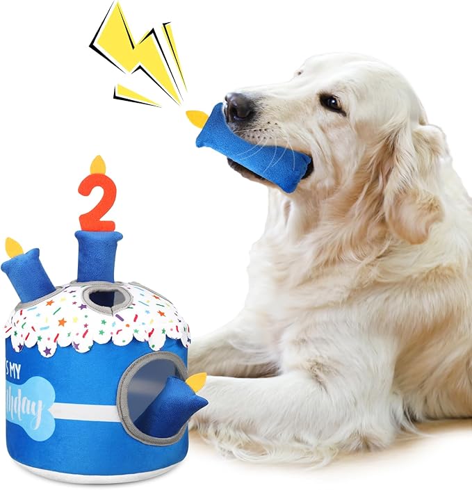 Dog 2nd Birthday Cake Toy Squeaky Interactive Dog Toy Hide and Seek Plush Dogs Puzzle Puppy Toys for Boredom Keep Them Busy for Small Medium Dogs(Blue)