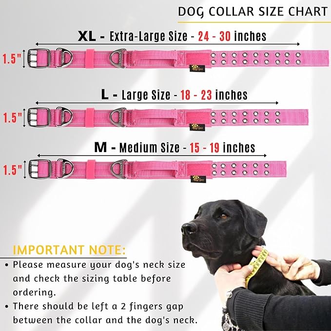 ADITYNA Heavy Duty Dog Collar for Extra-Large Girl Dogs - Reflective Pink Big Collar with Handle for Training, and Walking - Wide, Thick, Tactical, Soft Neoprene Padded