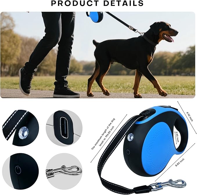 Retractable Dog Leash with LED Light Rechargeable,16Ft Heavy Duty Dog Leash for Medium Large Dogs up to 110lbs,360°No Tangle,One-Handed Brake,Pause,Lock(Blue)