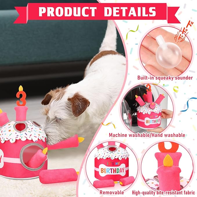 Dog 3rd Birthday Cake Toy Squeaky Interactive Dog Toy Hide and Seek Plush Dogs Puzzle Puppy Toys for Boredom Keep Them Busy for Small Medium Dogs(Pink)