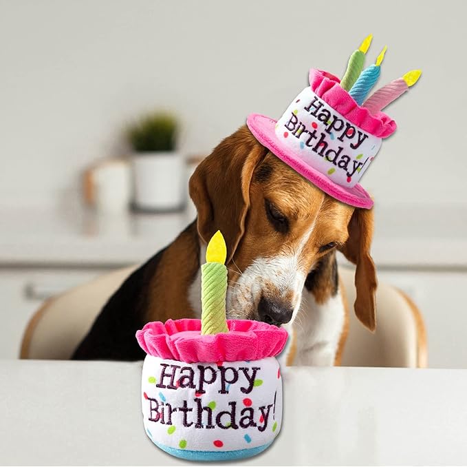 Dog Birthday Cake Toy, Happy Birthday Cake Shaped Squeaky Dog Toys for Medium & Large Dogs Funny Dogs Gifts Plush Dog Party Toys, Large, Pink