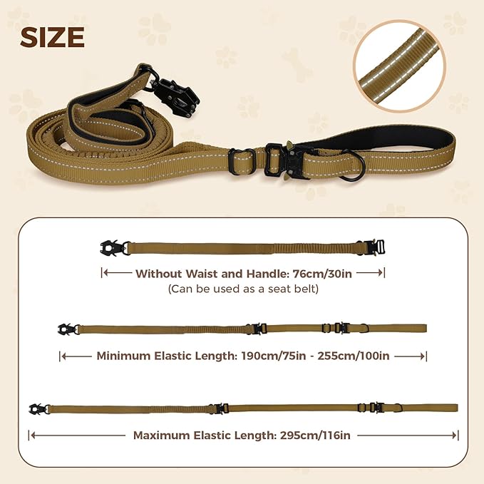 Detachable Heavy Duty Tactical Dog Leash, 9.7FT Hand-Free Bungee Shock Absorption Leash with Padded Handle Quick Release Metal Clip Car Seatbelt No Pull Training Lead for Medium & Large Dogs (Khaki)