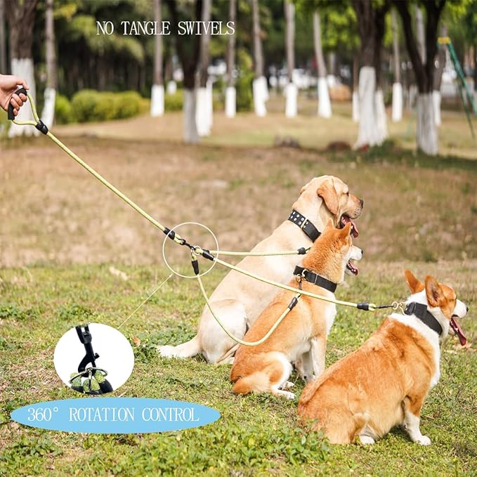 3 Dog Leash - Padded Handle, 360° Swivel Multiple Dog Leash No Tangle, Lead for Medium Large Dogs, Walking & Training Double Dogs (Green Blue)