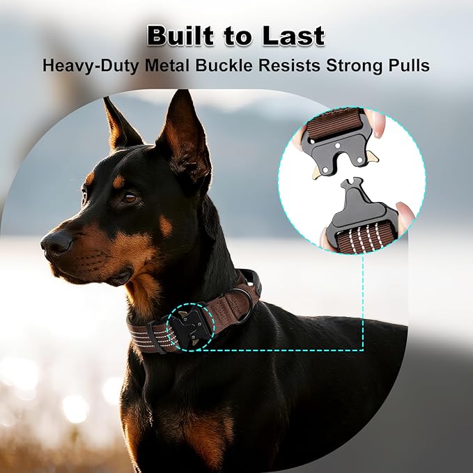Plutus Pet Tactical Dog Collar with Tracker Pocket for AirTag, Adjustable Reflective Nylon Collar, Metal Buckle, Leather-Wrapped Handle, Soft Padded for Medium Large Dogs (Chocolate, M)