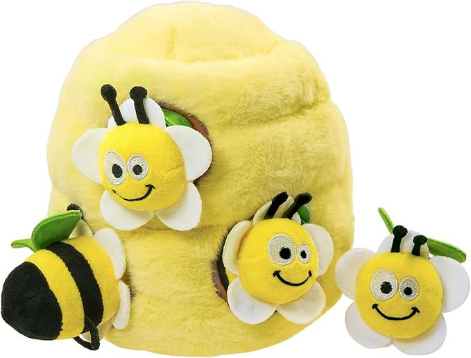 Dog Hide and Seek Toys Puppy Chew Squeaky Toys Plush Mushroom&Bamboo&Shell Hideout Stuffing with Squeakers Animals (Beehive Hideout with 4 Bees)