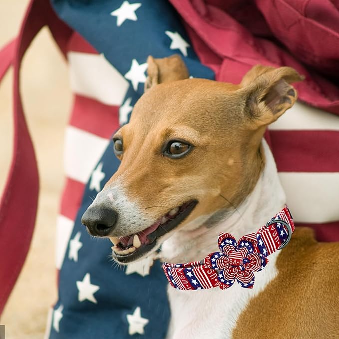 Elegant little tail Independence Dog Collar, Patriotic Pet Collar with Flower American 4th of July Pet Gift Cotton Soft Boy Girl Adjustable Collars for Medium Dogs