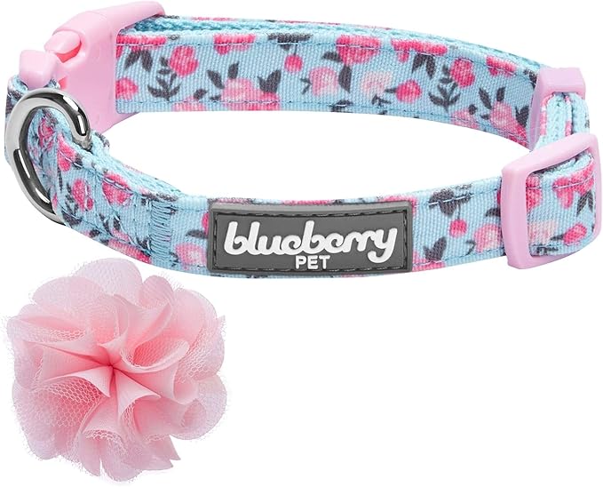 Blueberry Pet Made Well Cute Floral Print Adjustable Dog Collar in Light Blue with Pink Artificial Silk Flower, Medium, Neck 14.5"-20"