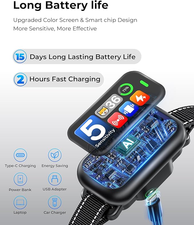 Dog Bark Collar 1-Second Quick Bark Stopping, Smart Humane Training Collar with Beep Vibration & Shock, Rechargeable Ultra-Light, IP67 Waterproof, 5 Adjustable Sensitivity for Small/Medium/Large Dogs