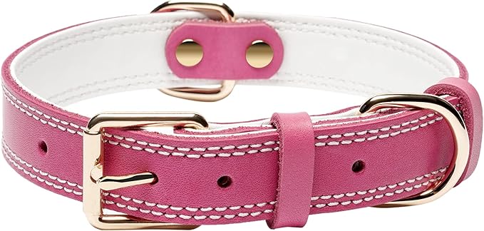 Genuine Leather Dog Collar, Heavy Duty Wide Dog Collar for Small, Medium, Large and Extra Large Dog (XL: 1.4" Wide for 18.6"-25.8" Neck, Dual Stitch - Pink)