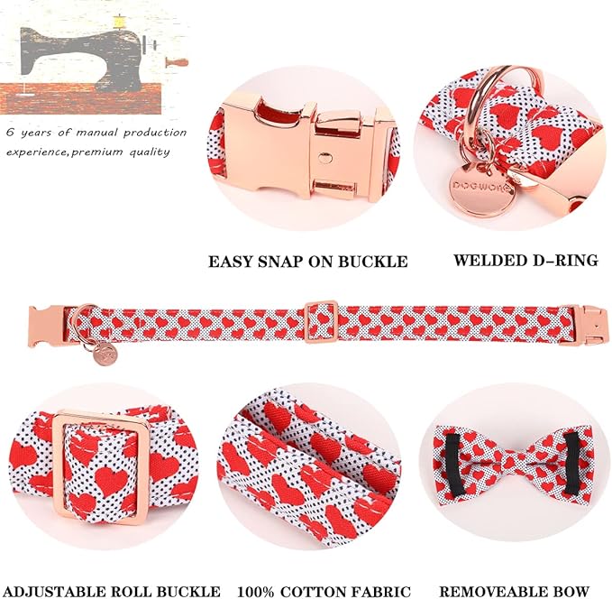 DOGWONG Valentine's Dog Collar with Bowtie - Red Heart Adjustable Cotton Heart Dog Collar - Perfect for Small, Medium, Large Dogs
