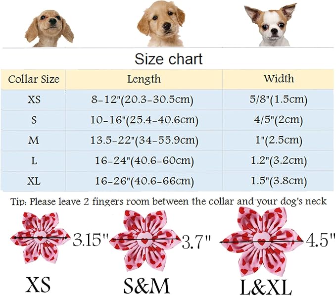 ARING PET Valentine's Dog Collar-Adorable Pink Heart Dog Collar with Flower, Adjustable Cotton Girl Dog Collars with Metal Buckle