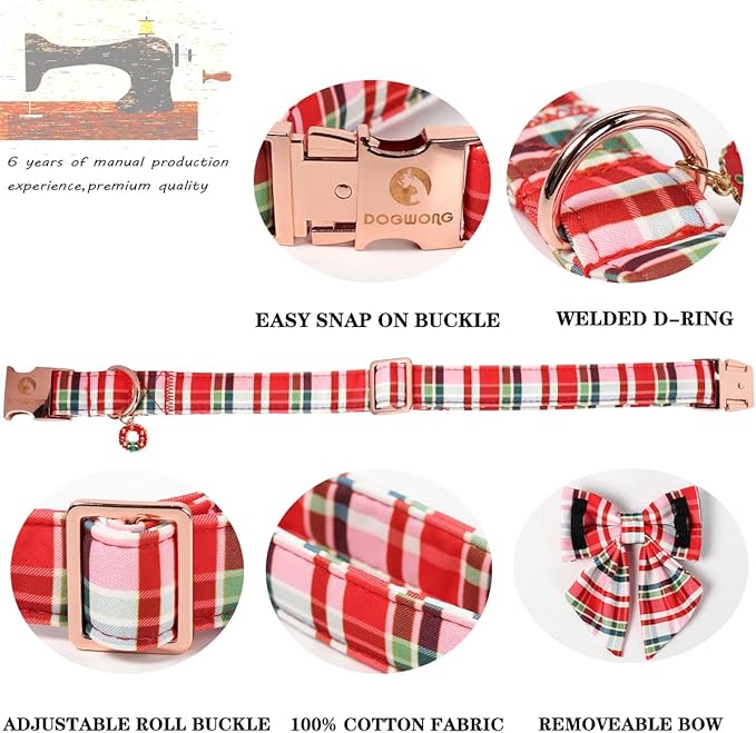 DOGWONG Christmas Dog Collar with Bow Tie - Christmas Red Plaid Puppy Collar, Adjustable Red Grid Dog Collars for Girl Boy Dogs, XL